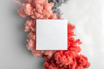 A modern white square mockup on an abstract background of pink, red, and grey smoke clouds; a creative template for logos, branding, or artistic design.
Generative Ai.