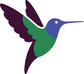 Obraz premium Colorful hummingbird vector graphic icon in flight with blue head and green body isolated on black background