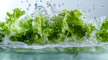Fresh Green Lettuce Plunging Into Water with Splash Creating Dynamic Water Droplets Effects