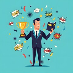 Accomplished Business Professional with Trophy and Book amidst Celebratory Comic Accents