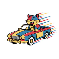 Joyful colorful cat drives fast in vintage car
