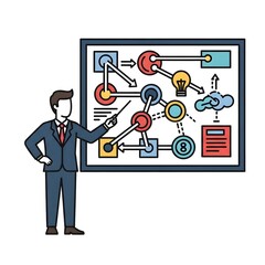 Business strategy planning and analysis with flowcharts and diagrams
