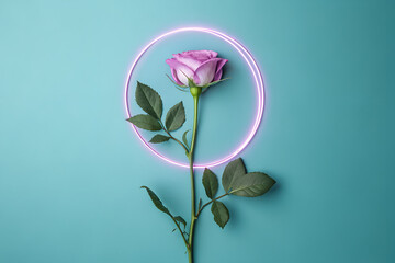 A beautiful pink rose framed by a glowing neon circle. A modern, minimalist concept of love, romance, and futuristic floral beauty on a teal background.
Generative Ai.