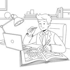 Diligent professional man immersed in creative work at his organized desk, utilizing both traditional drawing tools and a modern laptop for a blend of artistic and digital tasks