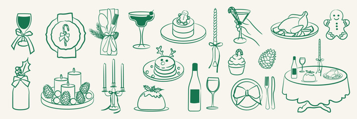 Vintage Christmas dinner doodles set. Hand drawn holiday table elements with wine, roast chicken, candles, pinecones, and festive decorations. minimalist line art for invites, menus, sticker.