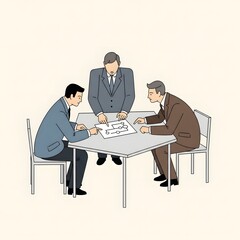 Three men in suits collaborate around a table, discussing a document, symbolizing teamwork and business strategy in a meeting