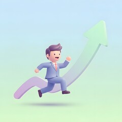 Dynamic 3D Businessman Running Upwards on a Growth Arrow, Symbolizing Career Advancement, Business Success, and Future Prosperity Through Strategic Progress and Achievement
