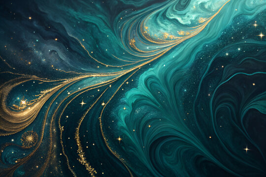 A luxurious abstract background with a fluid marble texture of swirling teal and sparkling liquid gold, evoking a magical, cosmic nebula for elegant design.
 Generative Ai.