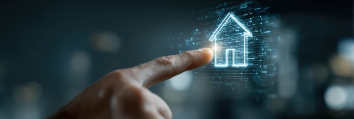 Fototapeta premium A person interacts with a glowing holographic house icon symbolizing smart real estate technology and online real estate investing