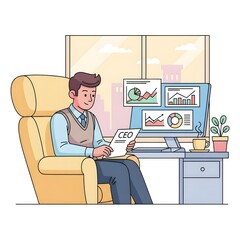 Male CEO reviews vital business documents in his comfortable office, surrounded by digital data analytics, embodying strategic planning and corporate leadership