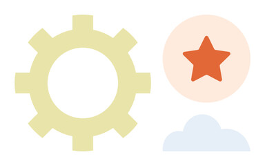 Gear, red star on orange circle, and blue cloud symbolizing process, success, and future. Ideal for business, workflow, creativity goals technology teamwork and ideas. Simple flat metaphor