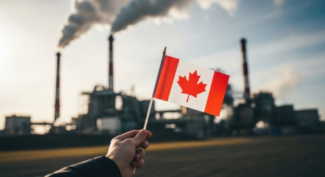 Hand holding Canadian flag against industrial smokestacks emitting smoke, symbolizing energy, economy, environmental impact & national identity.