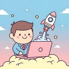 Smiling cartoon businessman launching a rocket from his laptop, symbolizing business startup, innovation, and digital success in a whimsical cloud setting
