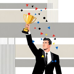 Achievement Celebrated A Businessman Raising Trophy in Victory