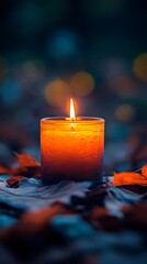 Glowing Orange Candle Flame Illuminating Fallen Leaves on Blue Ground in Nighttime Setting