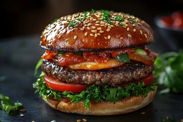 Gourmet Burger with Beef Patty, Tomato, Greens, Cheese, and Sesame Seed Bun on Dark Surface