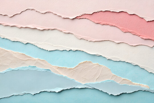 Abstract background of layered torn paper in pastel pink, blue, and beige, creating a soft, textured landscape effect for creative design projects.
 Generative Ai. - Powered by Adobe