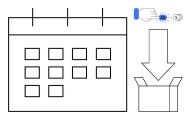Calendar marks, hand clicking digital ad payment, money icon, arrow pointing to box. Ideal for advertising, automation, scheduling, budgeting planning delivery e-commerce. Minimalist flat metaphor
