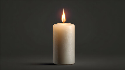 White candle glows against gray backdrop. Warm light reveals wax texture for religious, home decor, and mindfulness promotion.