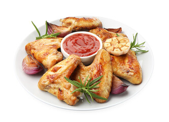 Delicious grilled chicken wings with sauce and spices isolated on white