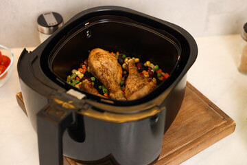 Air fryer basket with cooked chicken drumsticks and vegetables on white marble countertop, closeup