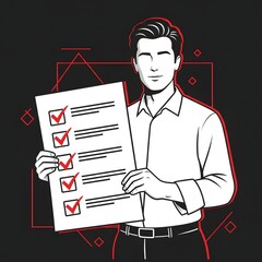 Man Holding Checklist with Red Marks Achieving Goals and Success, Making Decisions, Planning Ahead