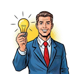 Confident businessman holding a glowing light bulb, representing innovation and new ideas in a business context