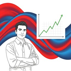 Confident businessman illustration symbolizing financial growth and successful career progression amidst a dynamic, abstract background
