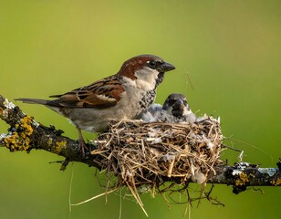 Fototapeta premium Adult sparrow perches by a nest with a chick on a lichen-covered branch, blurred background