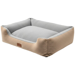 Cozy beige and grey fleece pet bed for dogs and cats, comfortable animal sleeping cushion
