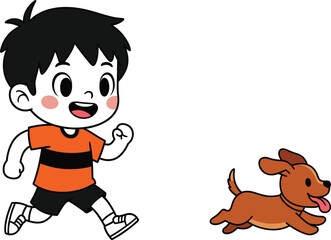 Cartoon Boy Running with Happy Dog, Outdoor Fun and Friendship Concept Featuring Child and Pet in Playful Motion Vector Illustration