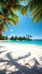 Fototapeta premium Sun-drenched beach with turquoise water and palm trees, a serene tropical paradise with white sand and clear sky, paradise, coast