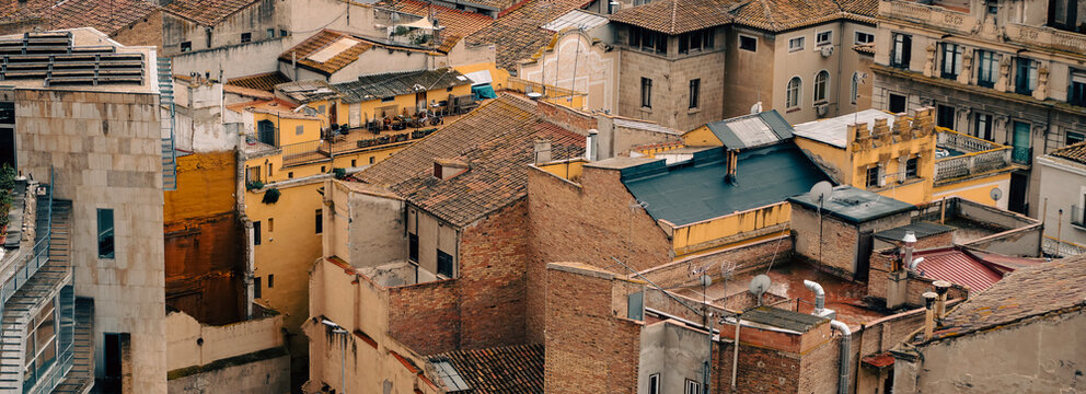 Buildings, houses of Lleida, Catalonia Spain, old historic city center and modent part of town.