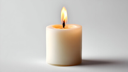 White candle glows with soft focus on plain backdrop. Ideal for product staging, branding, or digital backgrounds.