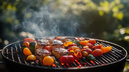Grilled Pork Medallions and Colorful Bell Peppers Sizzle on a Charcoal Grill Outdoors