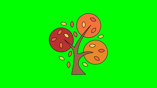 Colorful fall tree with circular leaves in warm red and orange tones against green background simple vector art