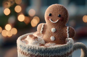 A gingerbread man in hot chocolate, sitting on the edge of an oversized mug with coffee inside
