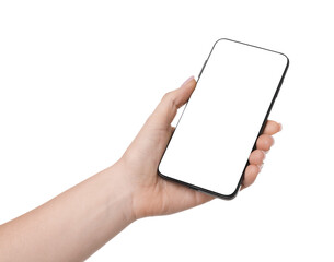 Woman holding smartphone with blank screen on white background, closeup