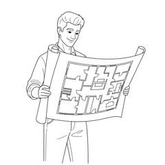 A smiling man holding and reviewing a blueprint of a house