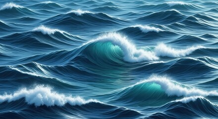 A vast ocean with waves crashing against the shore, illuminated by the sun, with a boat visible in the distance.