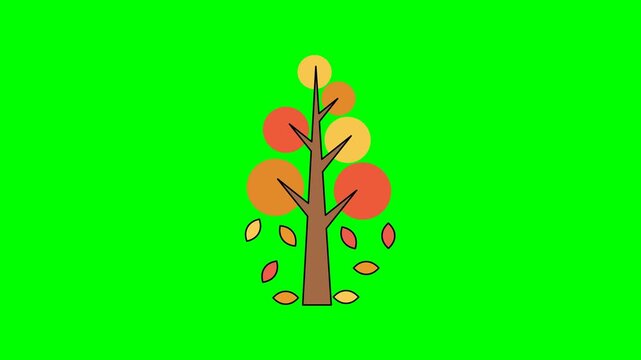 Simple fall tree with round leaves in orange and yellow tones against green backdrop flat vector artwork