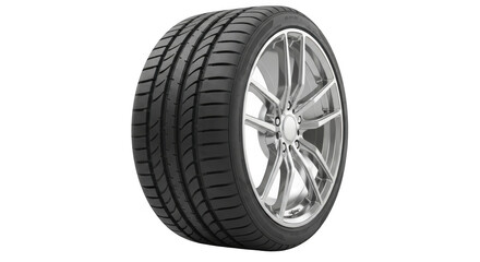 A detailed view of a modern car tire and alloy wheel isolated on transparent background