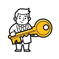 Cartoon Man Holding a Golden Key Solution, Opportunity, and Access