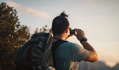 A man holding an action camera a in his hands, makes photo of mountains..