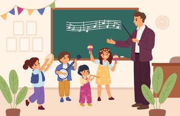 Music class learning. Students with musical instruments in teacher front, kids education, talented children in school, art subject cartoon flat style isolated garish vector background