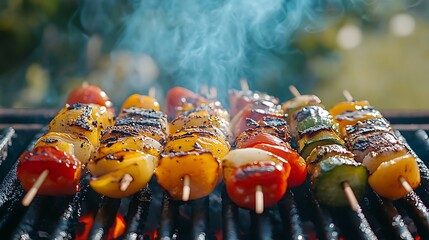 Grilling Vegetable Skewers on a Barbecue with Smoke and Flames, Outdoors in Summer
