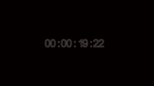 Digital Timer Displaying 00:00:11:19 in White Neon Against Black Background clock. Timer display in glowing white neon reading 00:00:11:19 symbolizing stopwatch and time measurement.