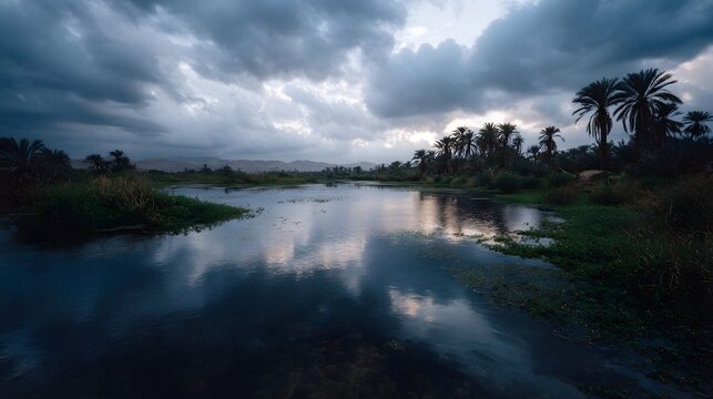 A serene oasis with palm trees and reflective water under dramatic cloudy skies