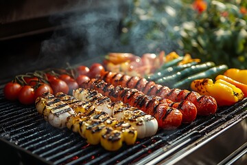 Grilling Vegetable Skewers Charred Onions, Tomatoes, Peppers with Smoke Rising on the BBQ
