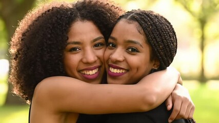 Heartwarming video of two young multiracial women, one with curly hair, one with braids, embracing joyfully in a sun-drenched park with golden light and bokeh. Concept of deep friendship